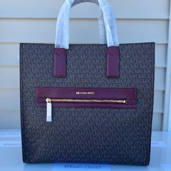 Michael Kors Kenly Tote Large MK Signature Purse Bag Merlot Brown - Picture 2 of 12
